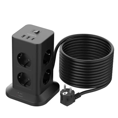 Abbildung von TESSAN Mehrfachsteckdose Überspannungsschutz mit Verlängerungskabel 10M, 8 Fach Steckdosenleiste USB C und 2 A, 3600W 16A Steckerleiste, Steckdosenturm Verteilersteckdose für Zuhause, Schwarz
