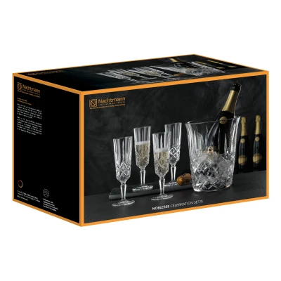 Abbildung von Nachtmann Spiegelau Celebration Set Noblesse, 4 Champagnergläser 155 ml + Sektkühler 2,69 Liter, Kristallglas, 104364