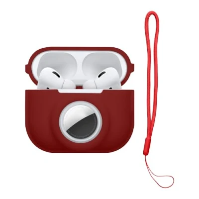 Abbildung von kwmobile 2 in1 Hülle kompatibel mit Apple Airpods Pro und AirTag Kopfhörer Case Weiches Silikon Cover Schutzhülle Karabiner Tawny Red