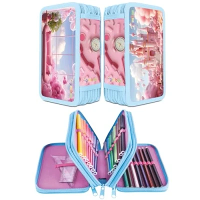 Abbildung von gimboo Schulmäppchen mit Zubehör/Federmäppchen großem Fassungsvermögen/Mit 3 Fächer/Federtasche Federmäppchen Stifteetui/Motiv SÜßES ROSA Motiv/Für Kinder Jungen Mädchen