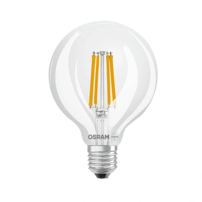 Abbildung von OSRAM LED Superstar Classic Globe Lampe G 95 in klassischer Ballform, klarer Glaskörper, 3.8 W, 806 lm, E27 Fassung, kaltweißes Licht mit 4000 K, EEK A, mm Durchmesser.