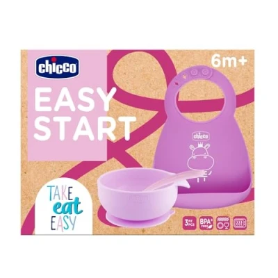 Abbildung von Chicco Silikon Baby Ernährungsset rutschfest, 3 teiliges Weaning Set mit steifem Easy Roll Lätzchen, Bowl Teller und Löffel, 6M+, rosa, BPA frei