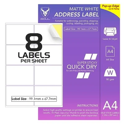 Abbildung von 8 Etiketten pro A4 Blatt, 50 Blatt 400 Klebeetikett, bedruckbares Aufkleberpapier, iSOUL matt selbstklebend Adressversand Versand Porto Laser &amp; Tintenstrahl Drucker kompatibel [QuickDry]
