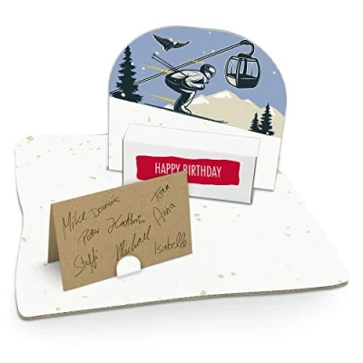 Abbildung von itenga Geldgeschenk I Motiv Skifahrer/Wintersport Geburtstag Mitbringsel Gutschein Geschenkverpackung mit Bodenplatte, Geschenkkarte und Stickerbogen zum Basteln Dekorieren