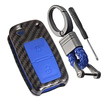 Abbildung von Happyit ABS Carbon Fiber Shell + Silikon Autoschlüsselabdeckung Fall passend für VW Volkswagen Amarok Polo Golf 4 5 6 MK4 Bora Jetta 2 Tasten (Blau)