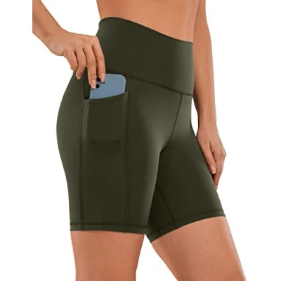 Abbildung von CRZ Yoga Naked Feeling Damen Kurze Leggings High Waist Radlerhose Fitness Sporthose mit Taschen 15cm Olivgrun 42