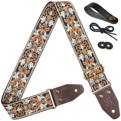 Abbildung von Amumu Gitarrengurt Blume des Lebens Stickerei Top Grain Leder für Bass, Elektro &amp; Akustik (schwarz), Schwarz, 37.5“ 64“