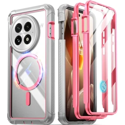Abbildung von POETIC Guardian Hülle für OnePlus 13 5G, Eingebauter Displayschutz [Funktioniert mit Fingerabdruck ID], [2 Frontrahmen] Stoßfeste, robuste, transparente Ganzkörper Schutzhülle, Pink/Transparent