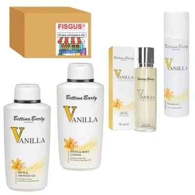 Abbildung von Bettina Barty Vanilla Pflege Serie, Bath &amp; Shower Gel 500ml Hand Body Lotion Deo Spray 150ml EdT 50ml Zusammengestellt von FISGUS® by krass shoppen de