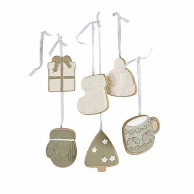 Abbildung von Loberon Anhänger 6er Set Cookeville, handbemalt, reizende Zuckerplätzchen Optik, detailreich gestaltet, Weihnachten, Weihnachtsdekoration, Christbaumschmuck, Polyresin, grau/weiß