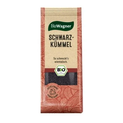 Abbildung von BioWagner Bio Schwarzkümmel ideal für Eintöpfe, Fleischgerichte und Hülsenfrüchte naturbelassene Zutaten recyclebare Verpackung 50 g