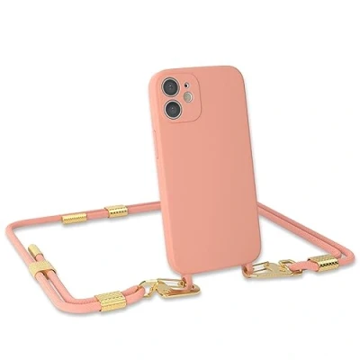 Abbildung von EAZY CASE Handykette Silikon mit Clips 2 in 1 kompatibel iPhone 12 Mini Handyhülle Umhängeband, Handykordel Silikon, Hülle Band, Kette für Smartphone, Koralle Gold