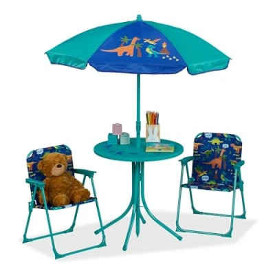 Abbildung von relaxdays Garten Kindersitzgruppe Camping mit Schirm, (4 tlg), Dino