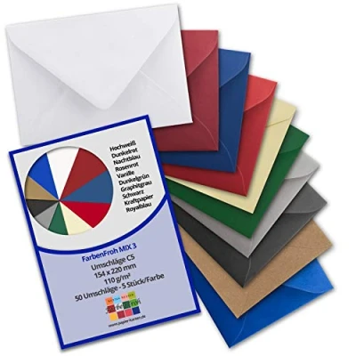Abbildung von 50 Briefumschläge Farbenmix Paket 3 DIN C5 Kuverts 22,0 x 15,4 cm mit Nassklebung ohne Fenster für Gruß Karten &amp; Einladungen Serie FarbenFroh