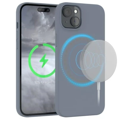 Abbildung von EAZY Case Silikonhülle für iPhone 15 Plus Hülle mit MagSafe Silikon Blau weich stoßfeste Handyhülle Schutzhülle Kameraschutz Dünn Premium Schutz Cover Bumper in Grau