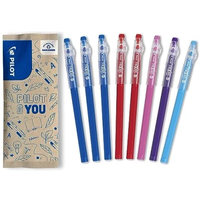 Abbildung von PILOT FriXion Ball Stick 8er Set Gel Tinte radierbar 3 Blau, 2 Rot, 1 Rosa, Lila, Hellblau Der Kugelschreiber Für Federmäppchen Schulartikel