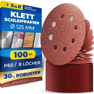 Abbildung von S&amp;R Klett Schleifpapier Set 125 mm, Meister, 8 Löcher, 100 St. in Körnung P60, Schleifblätter, Schleifscheiben für Exzenterschleifer, Klettschleifpapier, zuverlässige Haftung am Schleifteller