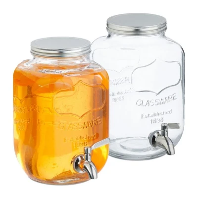 Abbildung von Relaxdays Getränkespender im 2er Set, Limobehälter 4L, Zapfhahn und Deckel, Wasserspender, Glas &amp; Edelstahl, transparent