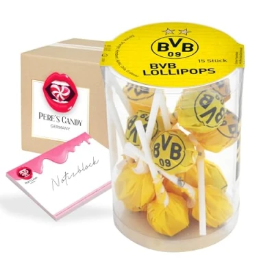 Abbildung von Fanartikel BVB Borussia Dortmund Lollipops Süßigkeiten 6er Pack (6x150g) von Pere&#039;s Candy® Box mit Geschenk