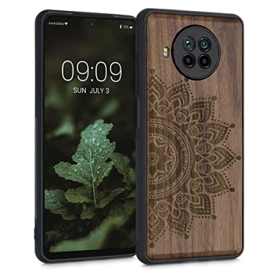 Abbildung von kwmobile Hülle kompatibel mit Xiaomi Mi 10T Lite Holz Case Handy Cover TPU Handyhülle in Dunkelbraun Aufgehende Sonne