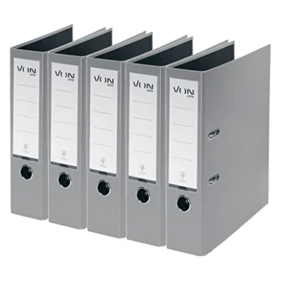 Abbildung von VON Leitz 5er Pack Ordner A4, Karton mit Kunststoffeinband, 80 mm Rückenbreite, Für 600 Blatt, FSC zertifizierter Karton, Schule, Studium &amp; Haushalt, Grau, 10551085