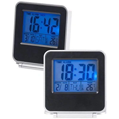 Abbildung von PEARL Thermometer mit Uhr: 2er Set Kompakte digital Reisewecker, Thermometer, Kalender (Digitaluhr Reisewecker klappbar, Raumthermometer)