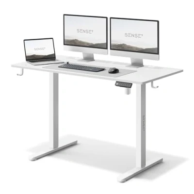 Abbildung von SENSE7 Höhenverstellbarer Schreibtisch elektrisch NOJO, Standing Desk 120x60, PC Tisch mit Memory, Stehschreibtisch Kabel Tray, Gaming Haken, geräuscharme Höhenverstellung, White