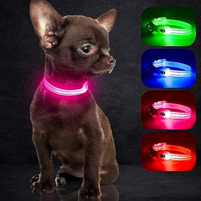 Abbildung von Wiederaufladbares LED Welpenhalsband, YFbrite Katzenhalsband, Bequem Leuchtende Welpenhalsbänder, Verstellbares Reflektierendes Welpen Gehlichthalsband für Sicherheit (Rosa, XS)