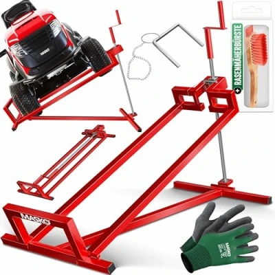 Abbildung von MASKO® XXL Rasentraktorheber 400 kg Hebevorrichtung Hebebühne Aufsitzmäher Reinigungshilfe universal, Rasentraktor Heber, +45 Neigung verstellbar inkl. Arbeitshandschuhe &amp; Bürste Rot