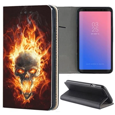Abbildung von KX Mobile Samsung Galaxy A71 Hülle Handyhülle für Handycover aus Kunstleder Motiv 1095 Totenkopf Skull Feuer Schutzhülle Smart Klapphülle Case