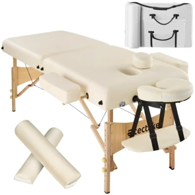Abbildung von tectake Massageliege 2 Zonen, klappbar, Massagetisch mit 7,5cm Polsterung, Mobile Massageliege, Kopf und Armstütze, Massagebank Holzfüßen, Lagerrungsrollen, Tragetasche beige