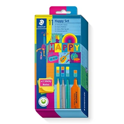 Abbildung von STAEDTLER Stifte Set, in den bunten Happy colours, 2 Textmarker, 3 Fasermaler, Fineliner, Buntstifte, Haftnotizblöcke, zum Markieren, Schreiben und Malen, 61 SC2 HA