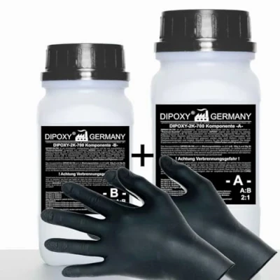 Abbildung von 750g Epoxidharz 2K Harz + Härter Handschuhe EP Laminierharz in Profi Qualität Glasklar und geruchsarm Gießharz Epoxy UV Stab. für Holz Tisch Boden Aquarium Terra Formenbau GFK DIPOXY 700