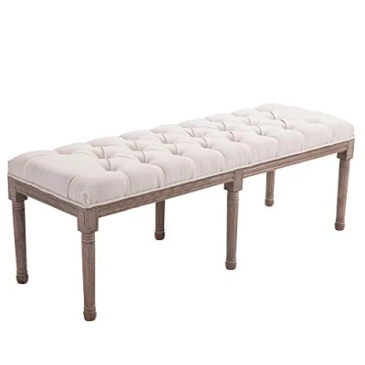 Abbildung von Polsterbank Sitzbank Lounge Sitzhocker Vintage Retro mit Knöpfen Leinen + Holz beige 142 x 47 51 c