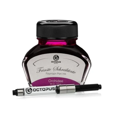 Abbildung von Octopus Fluids Füllhaltertinte im Tintenglas inklusive Konverter, Schreibtinte für Füllhalter, Füllertinte in Orchidee 30ml mit Tintenkonverter