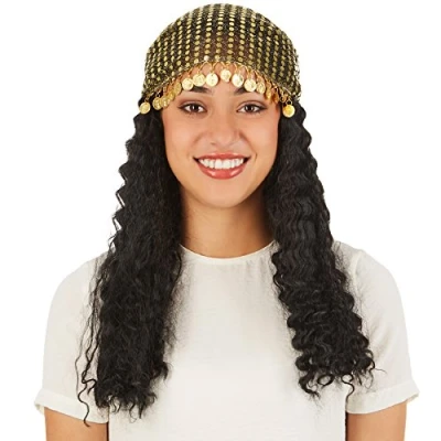 Abbildung von dressforfun Frauenperücke Wahrsagerin Schönes, mittellanges Haar Inkl. Kopftuch aus Paillettenstoff und mit Metallmünzendeko
