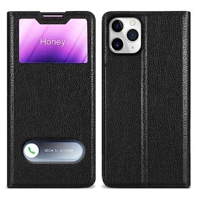 Abbildung von Cadorabo Hülle kompatibel mit Apple iPhone 11 PRO in KOMETEN SCHWARZ Schutzhülle Magnetverschluss, Standfunktion und 2 Sichtfenstern