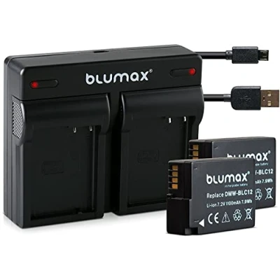 Abbildung von Blumax 2X Akku ersetzt Panasonic DMW BLC12 / E 1100mAh + Mini Dual Ladegerät USB kompatibel mit Lumix DMC: G5 G6 GX8 G70 G81 GH2 FZ200 FZ300 FZ1000 FZ2000 Leica V Lux 4