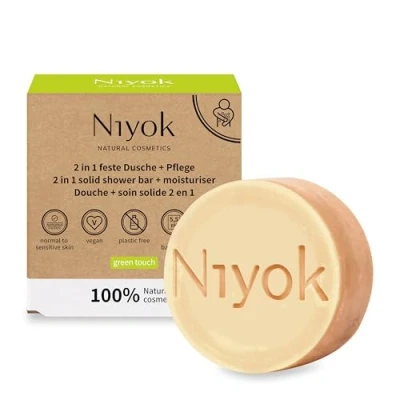 Abbildung von Niyok® 2 in 1 Feste Dusche + Pflege &quot;Green Touch&quot; (80g) Naturkosmetik Duschseife Festes Duschgel für alle Hauttypen Vegane Seife Körper &amp; Hände Plastikfrei Vegan