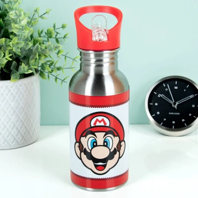 Abbildung von Paladone Super Mario Metall Trinkflasche mit Strohhalm Offiziell lizenziertes Nintendo Edelstahl Getränkflasche, Geschenk für Retro Gamer, 450 ml (16 Fl Oz)