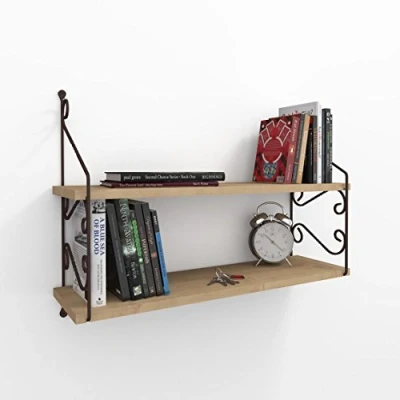 Abbildung von Elegant Wall Shelf, Oak Finish, 72 x 51 20 cm 100% Melamine Coated Particle Board, Metal Bracket Assembled, Traditional Oriental Design, Perfect for Home &amp; School