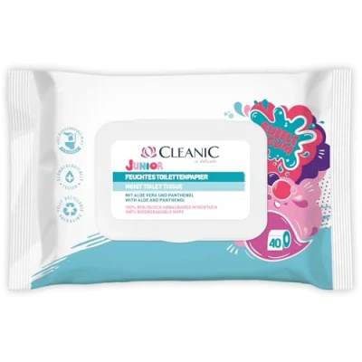 Abbildung von Cleanic Junior Feuchtes Toilettenpapier Kinder spülbar Kombination aus Feuchtpapier und Feuchttuch reinigt erfrischt den Intimbereich Kaugummiduft Aloe Vera Panthenol 40 Stück