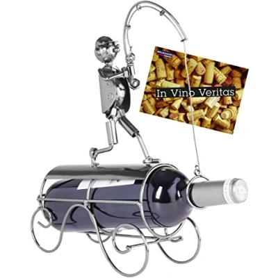 Abbildung von BRUBAKER Weinflaschenhalter Angler mit Fangnetz, (inklusive Grußkarte), Metall Skulptur, Wein Geschenk