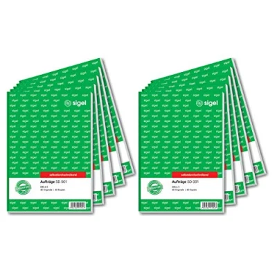 Abbildung von SIGEL SD001/10 Auftragsbuch A5, 2x40 Blatt, selbstdurchschreibend, 10er Pack, mikroperforiert, mit Abheftlochung, aus nachhaltigem Papier