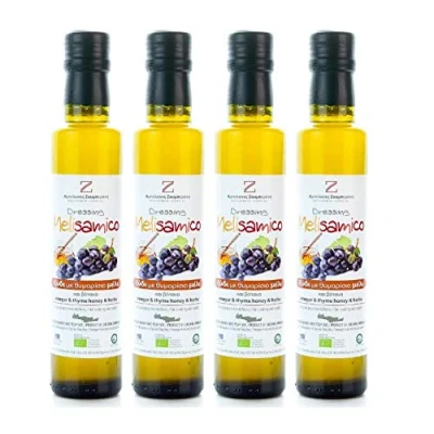 Abbildung von 4x 250ml Weinessig mit kretischem Thymianhonig 4 Flaschen Wein Essig versetzt Thymian Honig 1 Liter gesamt + 10ml Olivenölsachet zum testen Kreta Petimezi roter Melisamico