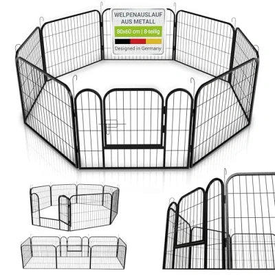 Abbildung von Juskys Welpenauslauf Welpenlaufstall 8 teilig aus Metall Freigehege mit Tür Welpengitter für Hunde, Hasen &amp; Kleintiere (160x160x60 cm)