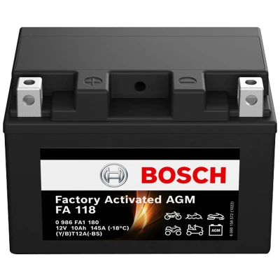 Abbildung von Bosch FA118 AGM Motorradbatterie 12V 145A 10Ah Geeignet für Motorräder, Enduros, Roller, Quads, Jetskis Kompatibel M6016, BT12A BS,