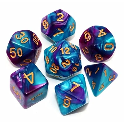 Abbildung von DND Würfelset für Rollenspiele, polyedrisch, Dungeon and Dragons, D&amp;D, 7 teilig, Seeblau Lilatöne