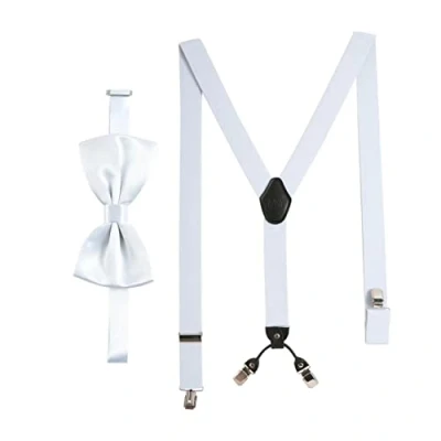 Abbildung von Hosenträger mit Fliege Weiß Set für Herren und Damen I Y Form Träger elastisch extra starken Clips 3,5cm breit längenverstellbar Vorgebundener Schlips Anzug