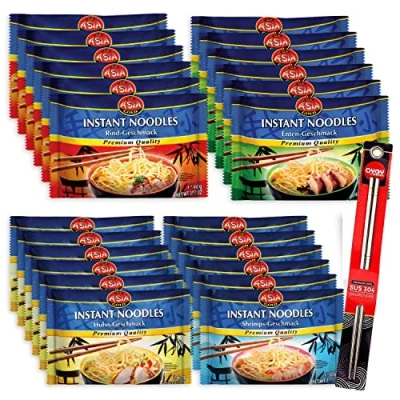 Abbildung von 24er Mix Set Asia Gold Instant Nudeln I je 6x Rind Huhn Shrimp Ente 24x60g Chinesische Ramen Asiatische plus OYOY Metall Essstäbchen
